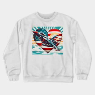 Retro Fighter Jet Airplane American Flag Heart 4Th Of July Crewneck Sweatshirt